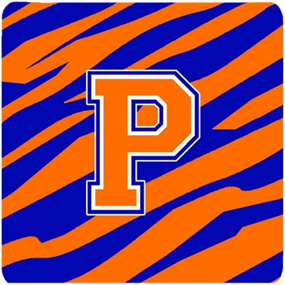 Monogram - Tiger Stripe - Blue Orange Foam Coasters, Initial Letter P - Set 4, 3.5 x 3.5 In.