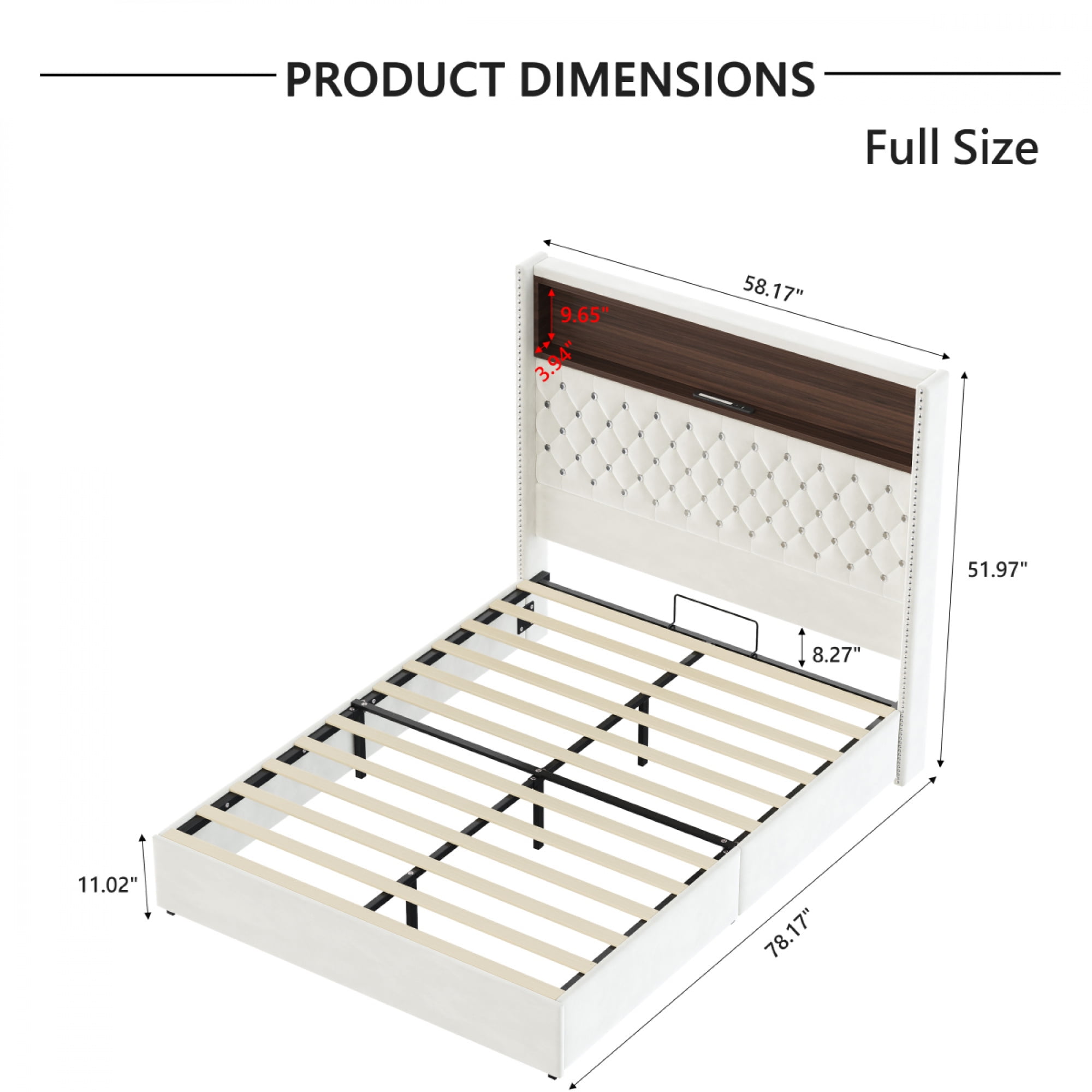 Full Size Velvet Tufted Wing-back Bed Frame - 52'' High Rivet Headboard with Shelf, USB Port & Night Light, Soft Platform Bed,Beige