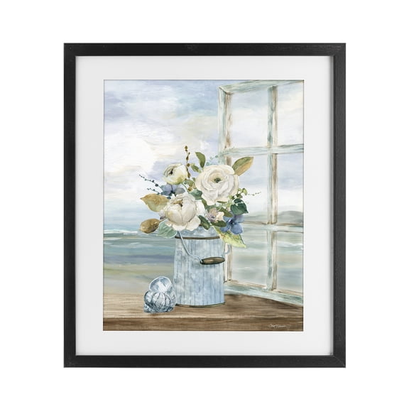 Stupell Industries Seaside Florals on Windowsill Black Framed Print Under Glass, design by Carol Robinson