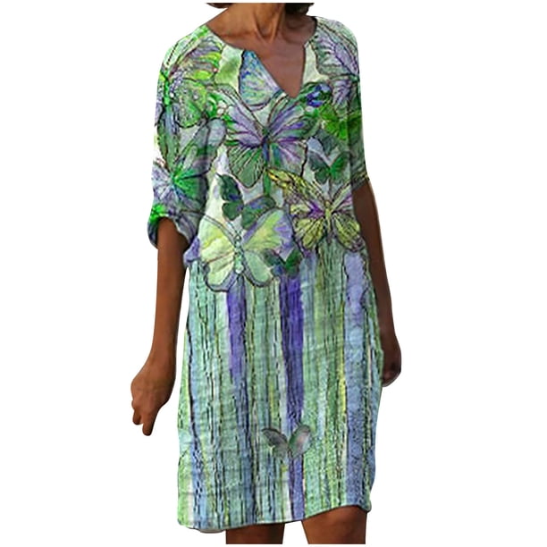 Vestidos de manga 3/4 para mujer Vestido de tirantes con estampado de flores a la moda Vestido con cuello en V hasta la rodilla Pompotops hdfakjf6146
