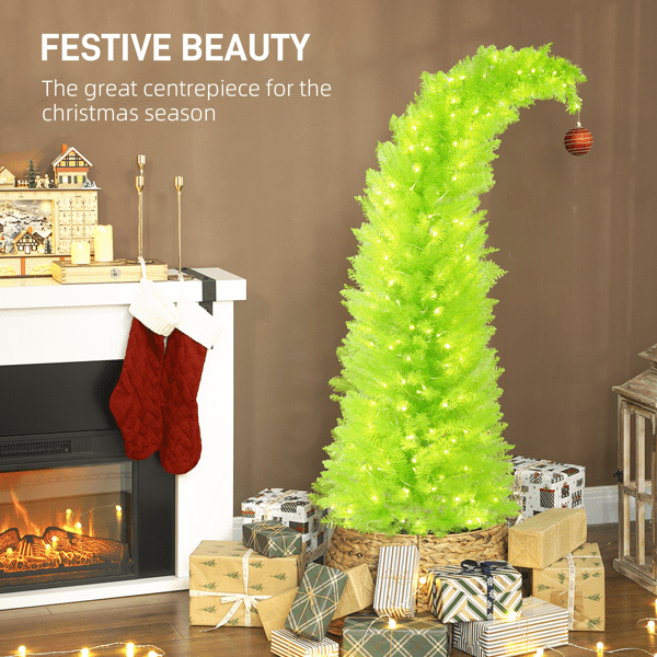 5FT Whimsical Pencil Christmas Tree, Pre-Lit with 200 Warm White LEDs, 438 Branch Tips, Metal Base for Small Spaces or Apartments