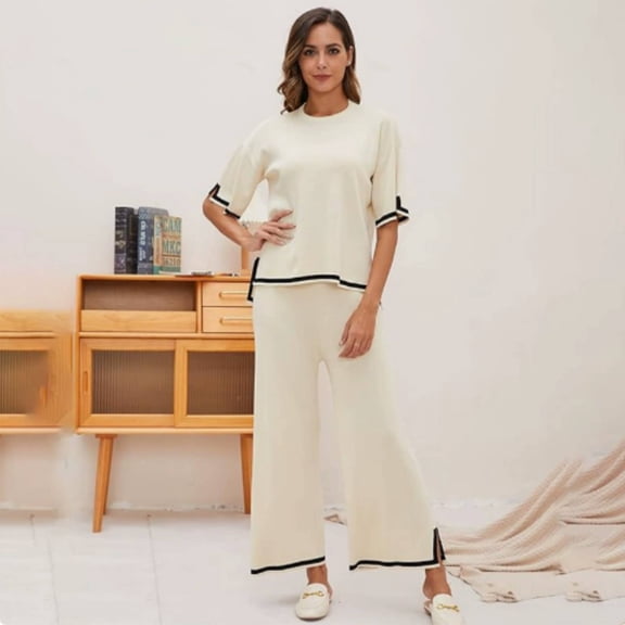 Women Tracksuits Crew Neck Color Blocked Knit Pullover Tops with High Waisted Wide Leg Pants