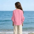 thumbnail image 4 of LIIPEE Solid Color Blouse For Girls Short Sleeve Collarless Ruffle Button Up Shirts Kids Lightweight Breathable Cute Summer Tops,5-6 Years, 4 of 5