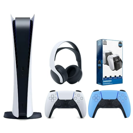 Sony Playstation 5 Digital Edition Console with Extra Blue Controller, White PULSE 3D Headset and Surge Dual Controller Charge Dock Bundle