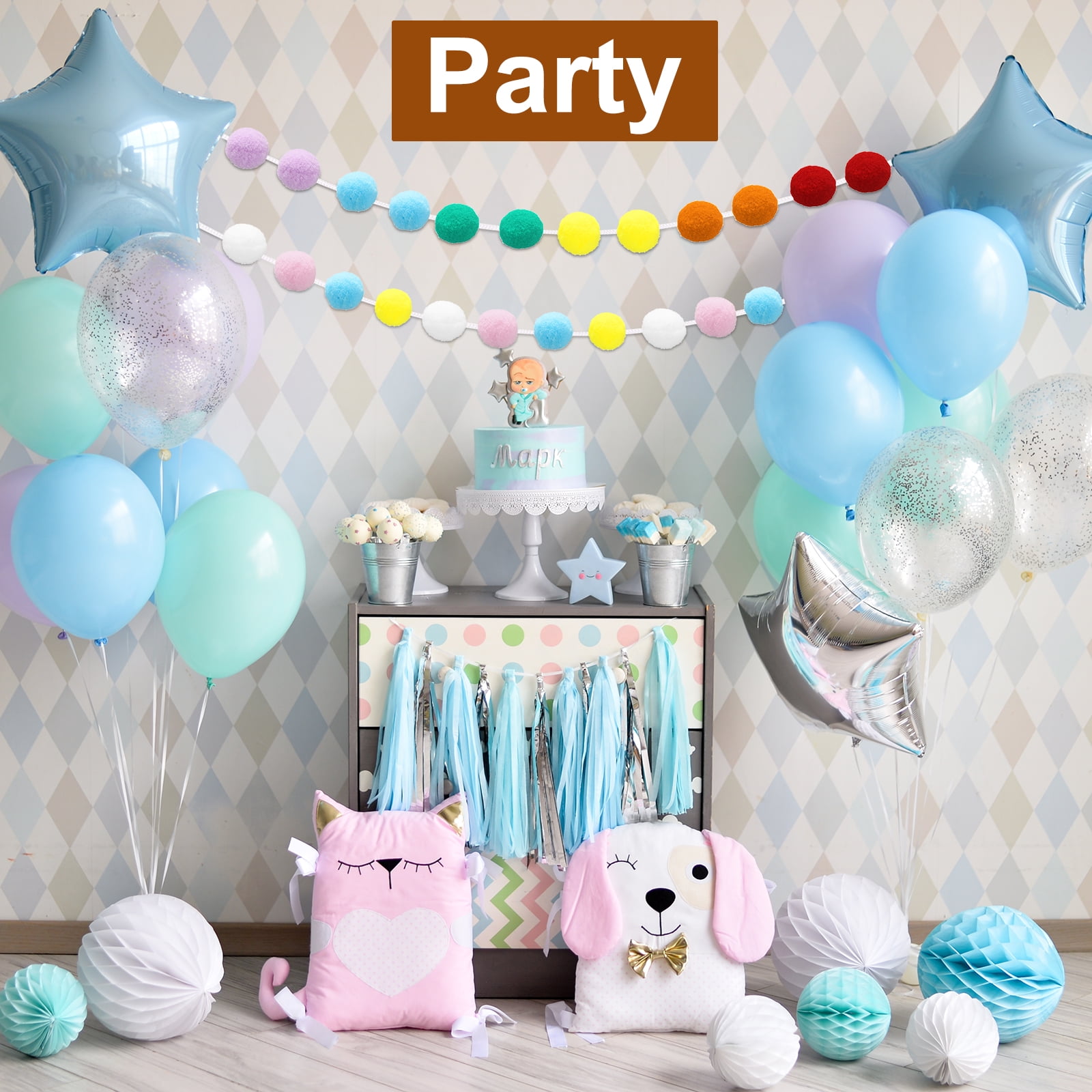 Unique Bargains 2Pcs Pom Pom Garland Colorful Felt Ball for Decor White Pink Blue