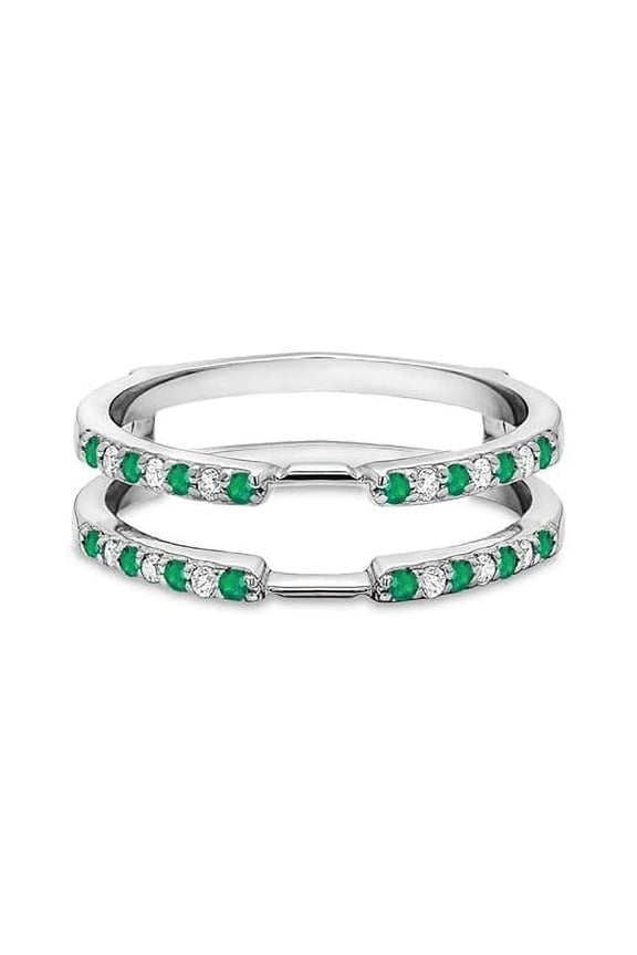 1.72 Ct Round Cut Green Emerald & Diamond Engagement Thanksgiving Christmas Enhancer Wrap Guard Ring 925 Sterling Silver 14K White Gold Plated For Women's -6.5