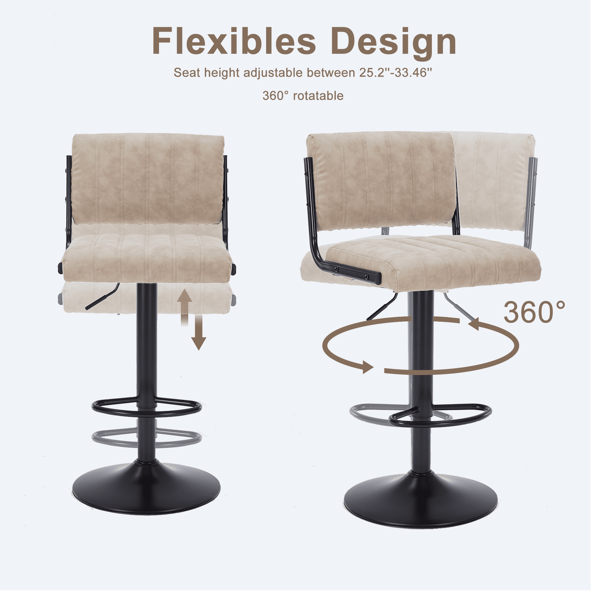 ENYLAY Adjustable Swivel Bar Stools Set of 6, Modern Faux Leather Counter Height Bar Chairs with Mid Back & Footrest for Kitchen Island Home Bar Pub, Beige