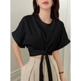 thumbnail image 4 of Womens Solid Color Round Neck Batwing Short Sleeve Knot Cropped Summer Blouse For Women, 4 of 5