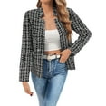thumbnail image 4 of Tweed Plaid Blazer Jacket for Women Full Sleeve Stand Collar Open Front Cardigan Outerwear Black M, 4 of 6