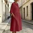 thumbnail image 4 of QUNYINEY A Line Dresses for Women Cotton Linen 3/4 Sleeve Midi Shirt Dress Collared Button Loose Fit Solid with Pockets Dresses S-2XL, 4 of 7