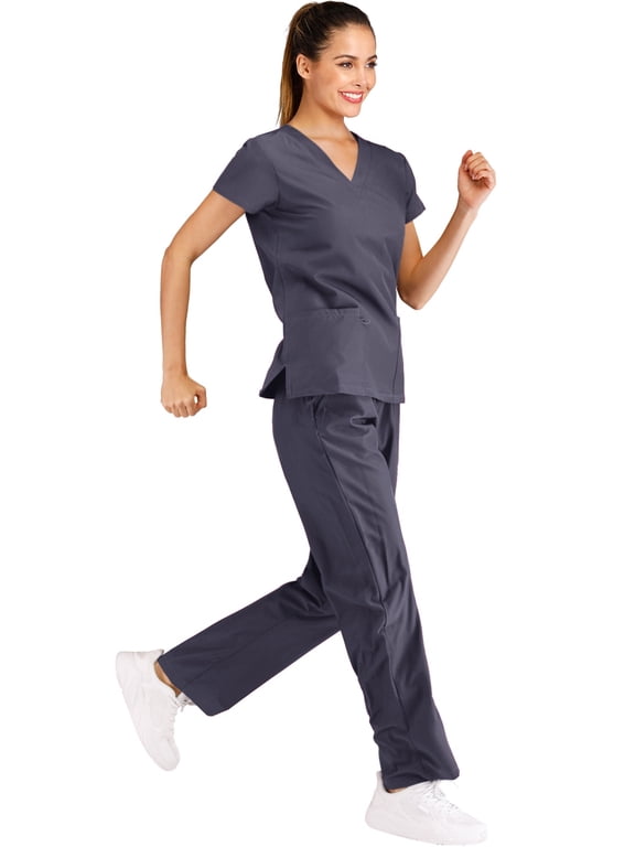 , Women's, V Neck Solid Stretch Medical Scrub Set, Gray, L