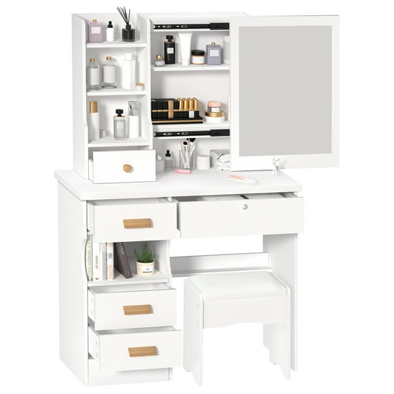 ZNNT White Vanity Desk with Sliding Mirror & Lights, Vanity Table Makeup Desk with 5 Drawers, Lots of Storage Shelves, Vanity Set with Cushioned Stool