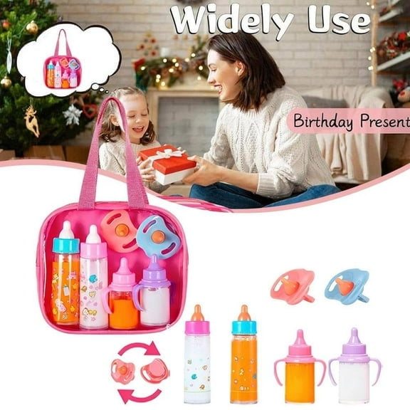 Disappearing Doll Feeding Set, Baby Care 6 Piece Doll Feeding Set - for Toy Stroller | 2 Milk & Juice Bottles with 2 Toy Pacifier for Baby Dolls - Kids Gift Set
