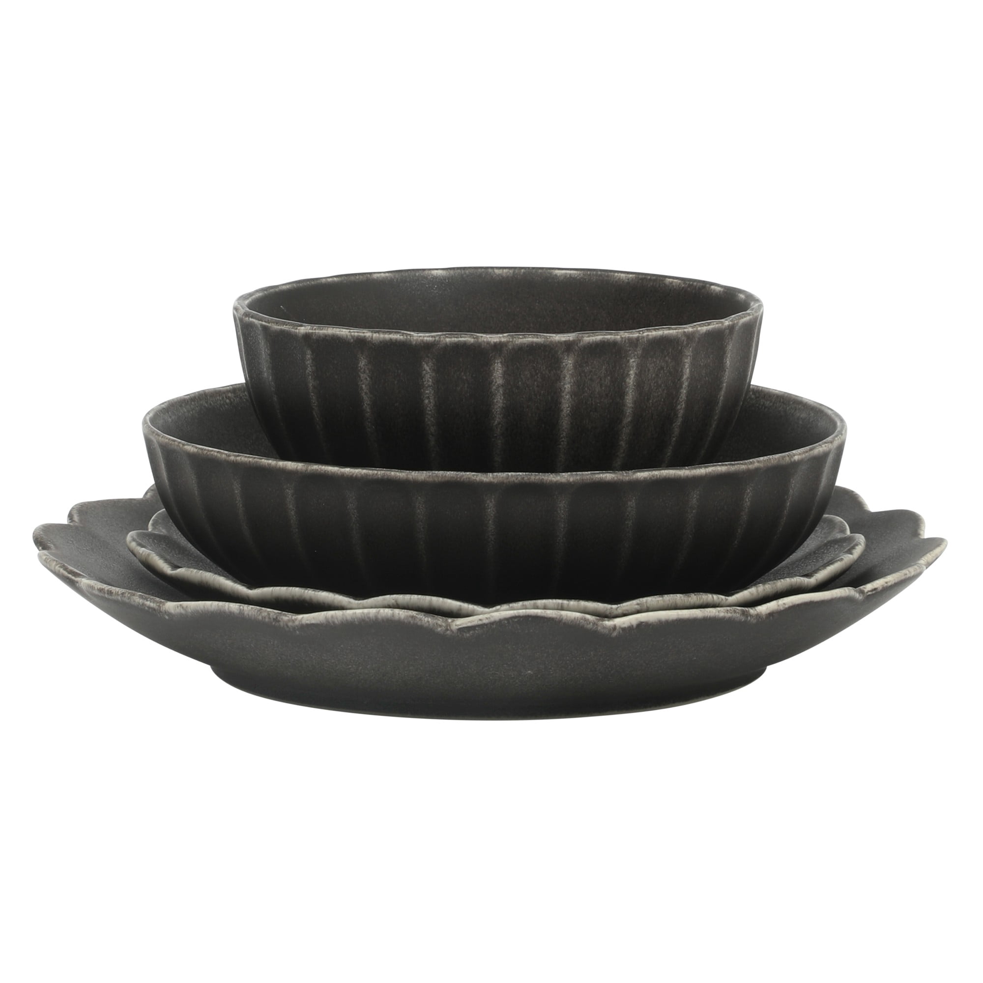 Gibson Elite Malibu Shore 16 Piece Scallop Stoneware Reactive Glaze (Service for 4) Ceramic Plates and Bowls Dinnerware Set - Black
