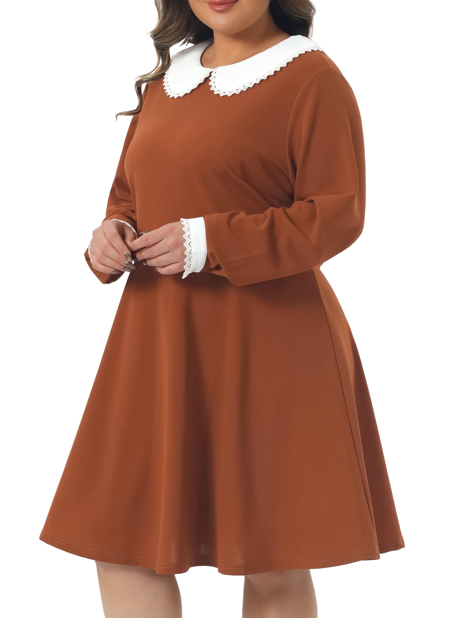 DARING DIVA Women's Plus Size Long Sleeves Collar A-line Midi Dress 1X Caramel