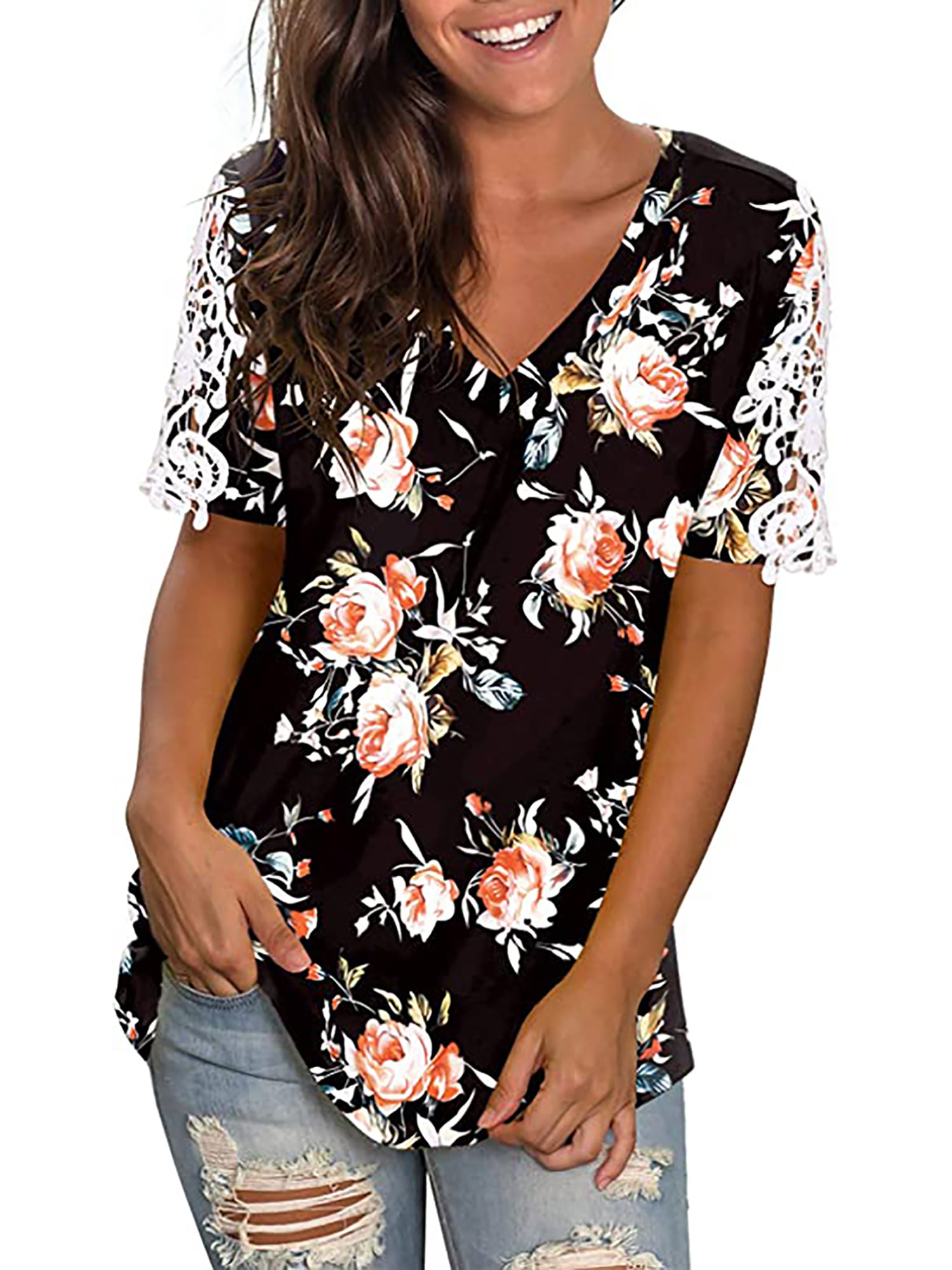 Women Summer Tees Casual Print Floral V-Neck Short Sleeve T-Shirt Tops Blouse