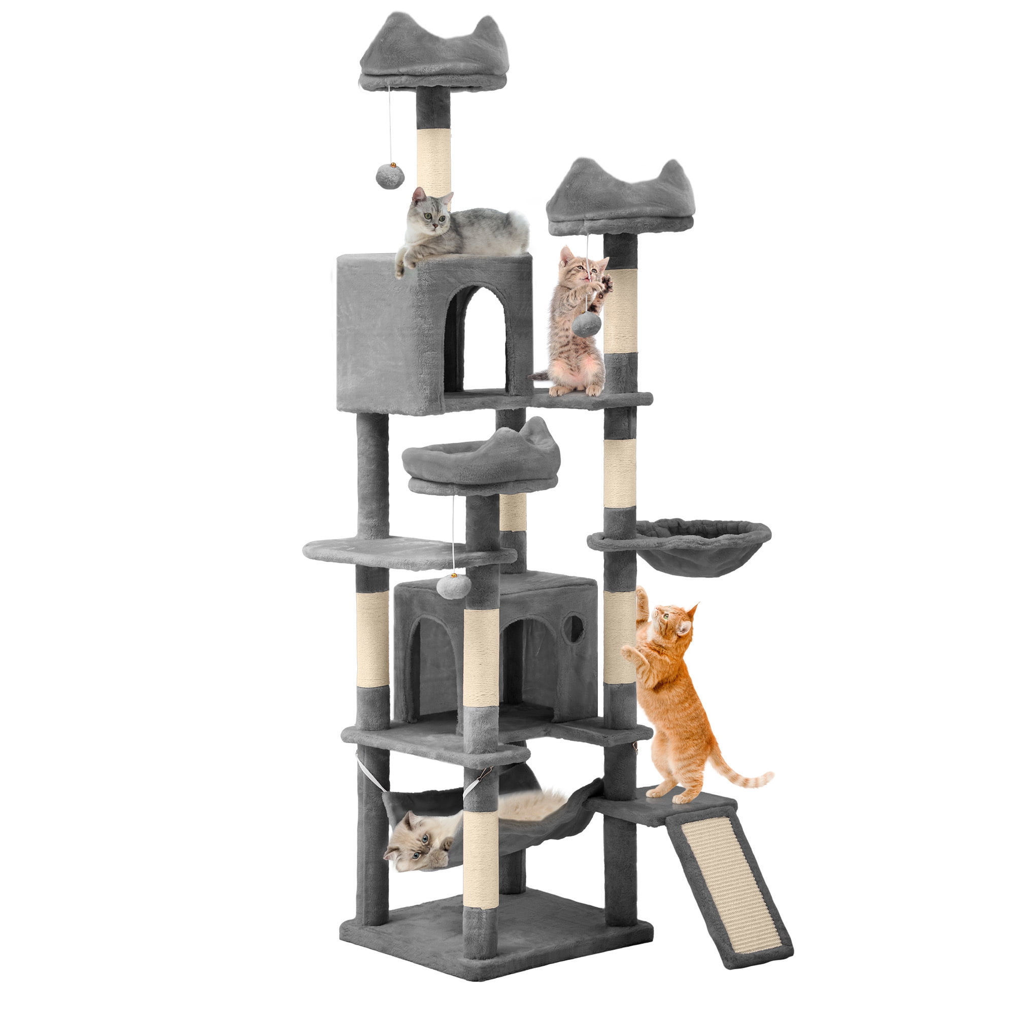 Uforic 75 Inch Multi-Level Cat Tree Tower with 2 Cat Condos, Hammocks, Sisal Scratching Posts & Fluffy Teaser Balls, Light Grey