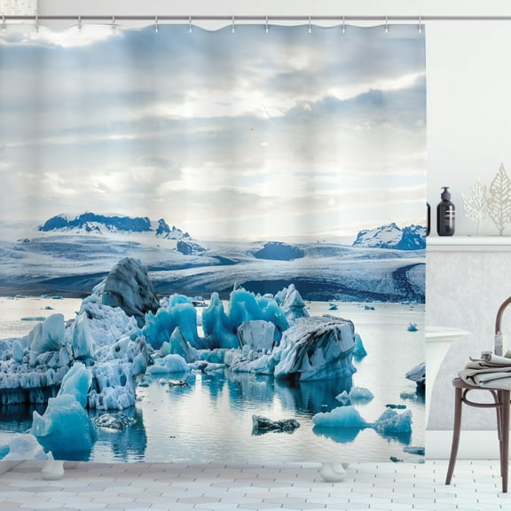 Iceland Shower Curtain, Glacial Lagoon with Mountains on the Horizon, Fabric Bathroom Set with Hooks, 69W X 70L Inches, Sea Blue White, by Ambesonne