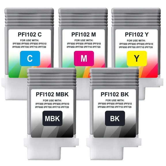 PFI-102 Ink Cartridge 130ml Replacement for PFI102 Ink Tank Set Compatible for IPF500 510 IPF600 605 650 700 Printers (5 Pack, MBK/BK/M/C/Y)
