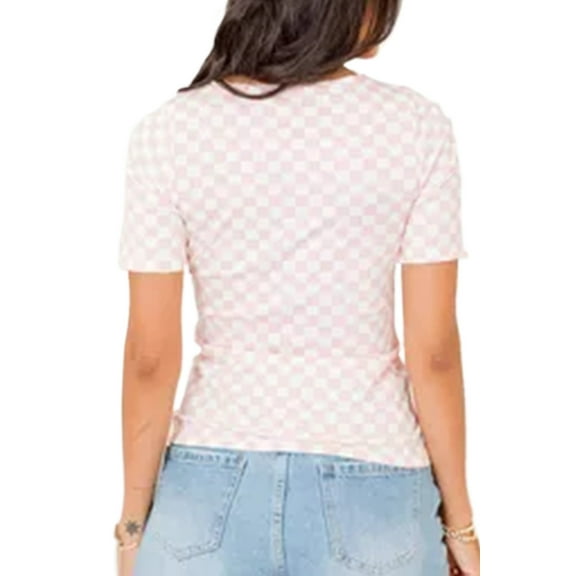 Women's Pink Checkered Ribbed Slim Fit Crew Neck T-Shirt for Casual Wear - [ZhiHiMeRi] | (US 12-14)L