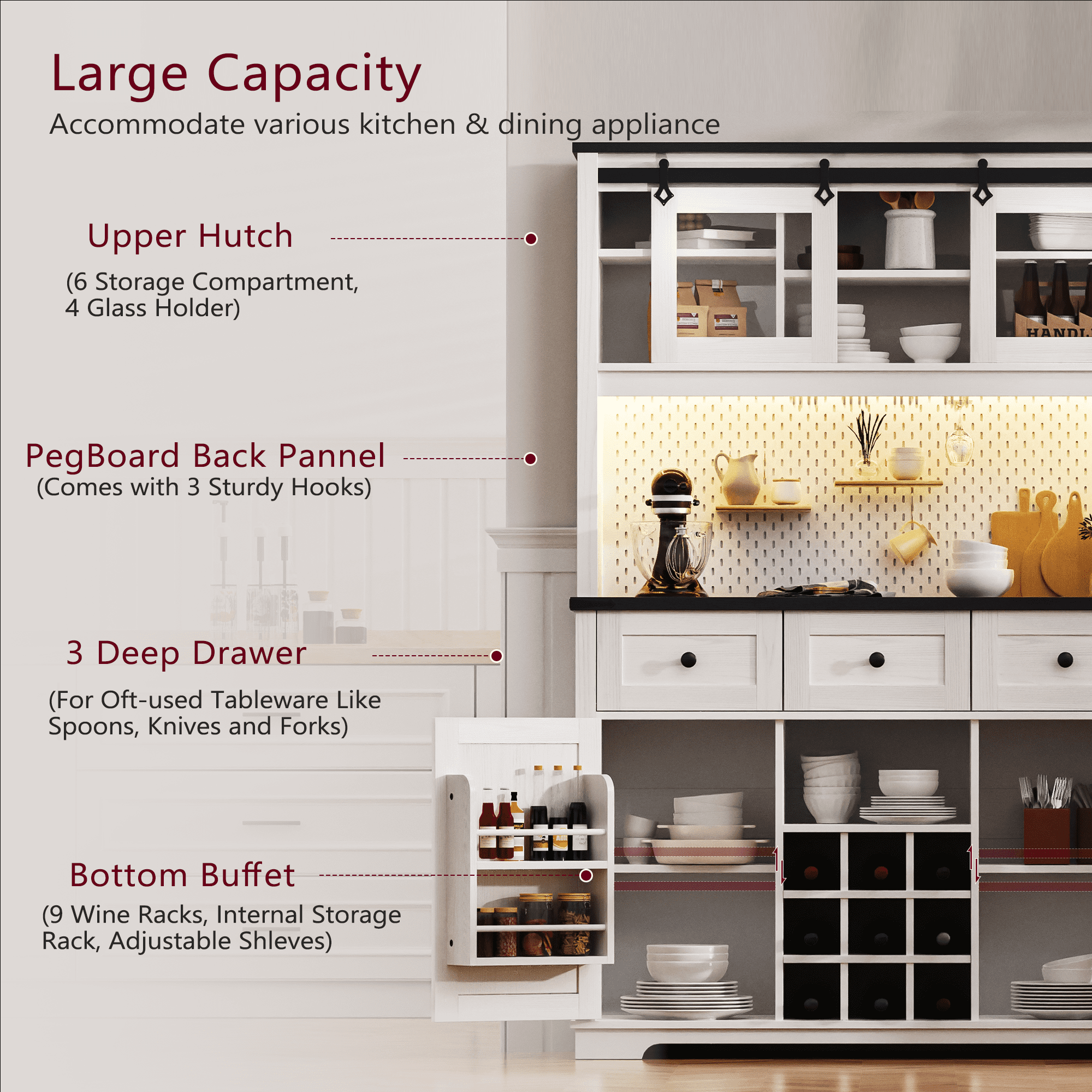 Euroco Farmhouse Coffee Bar Cabinet with Hutch – 71" Tall Kitchen Buffet & Storage Cabinet with Sliding Barn Glass Doors, RGB Lights, Power Outlets, Wine Rack & Pegboard – Oak White & Black