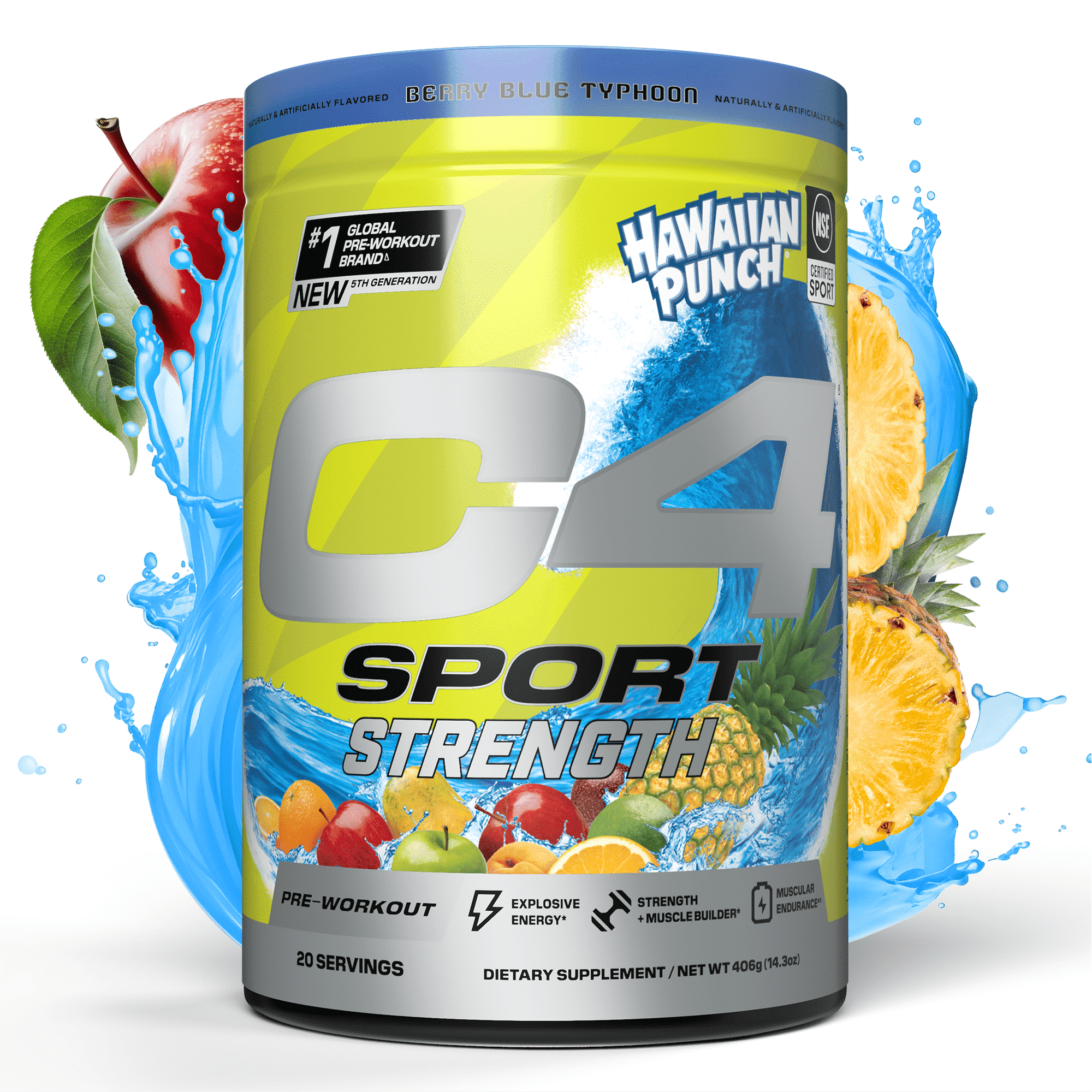C4 Sport Strength Pre-Workout Powder, Hawaiian Punch® Berry Blue Typhoon, 30 Servings