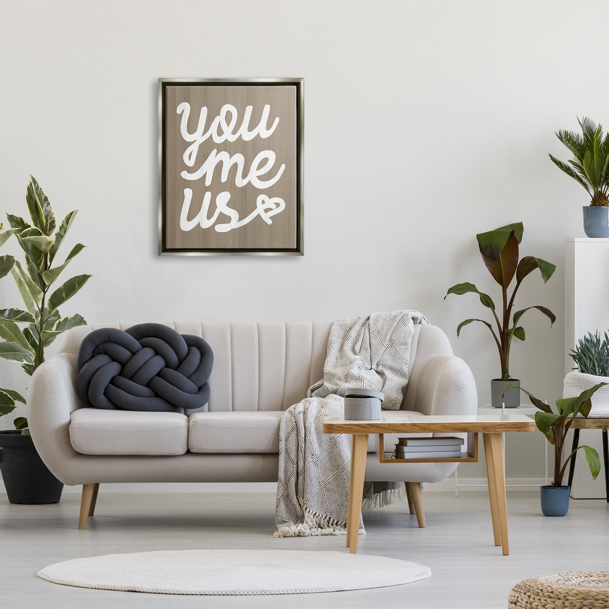 Stupell Industries You Me Us Romantic Love Grain Pattern Cursive Graphic Art Luster Gray Floating Framed Canvas Print Wall Art, Design by Daphne Polselli