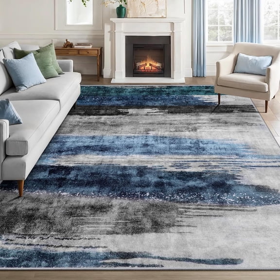 5' x 7' Modern Abstract Washable Area Rug in Navy Grey