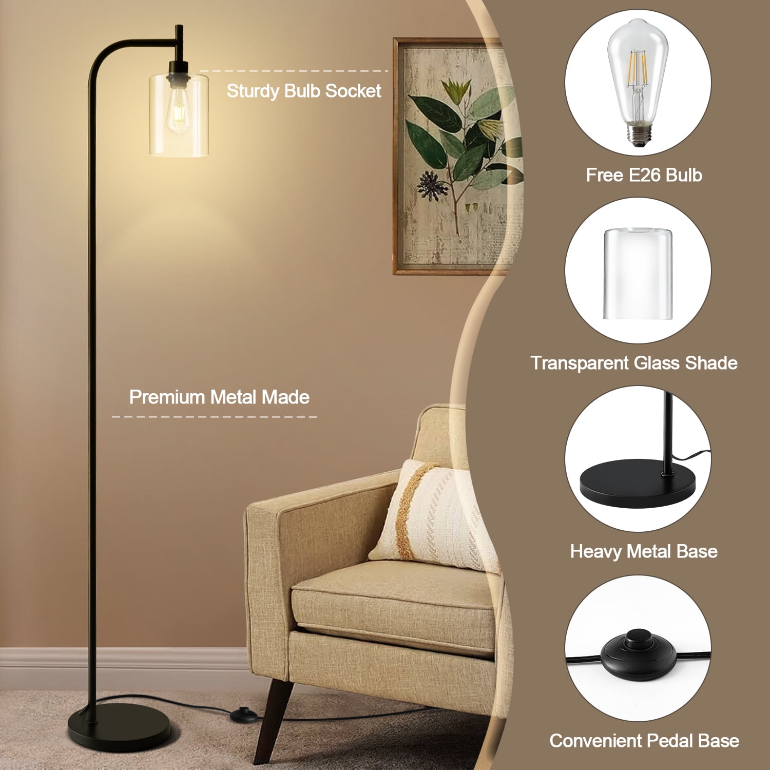 Vesteel Arc Floor Lamp for Living Room, Modern Standing Lamp with Glass Lampshade, Industrial Metal Tall Lamp for Home Bedroom Office, Foot Pedal Switch & LED Bulb Included