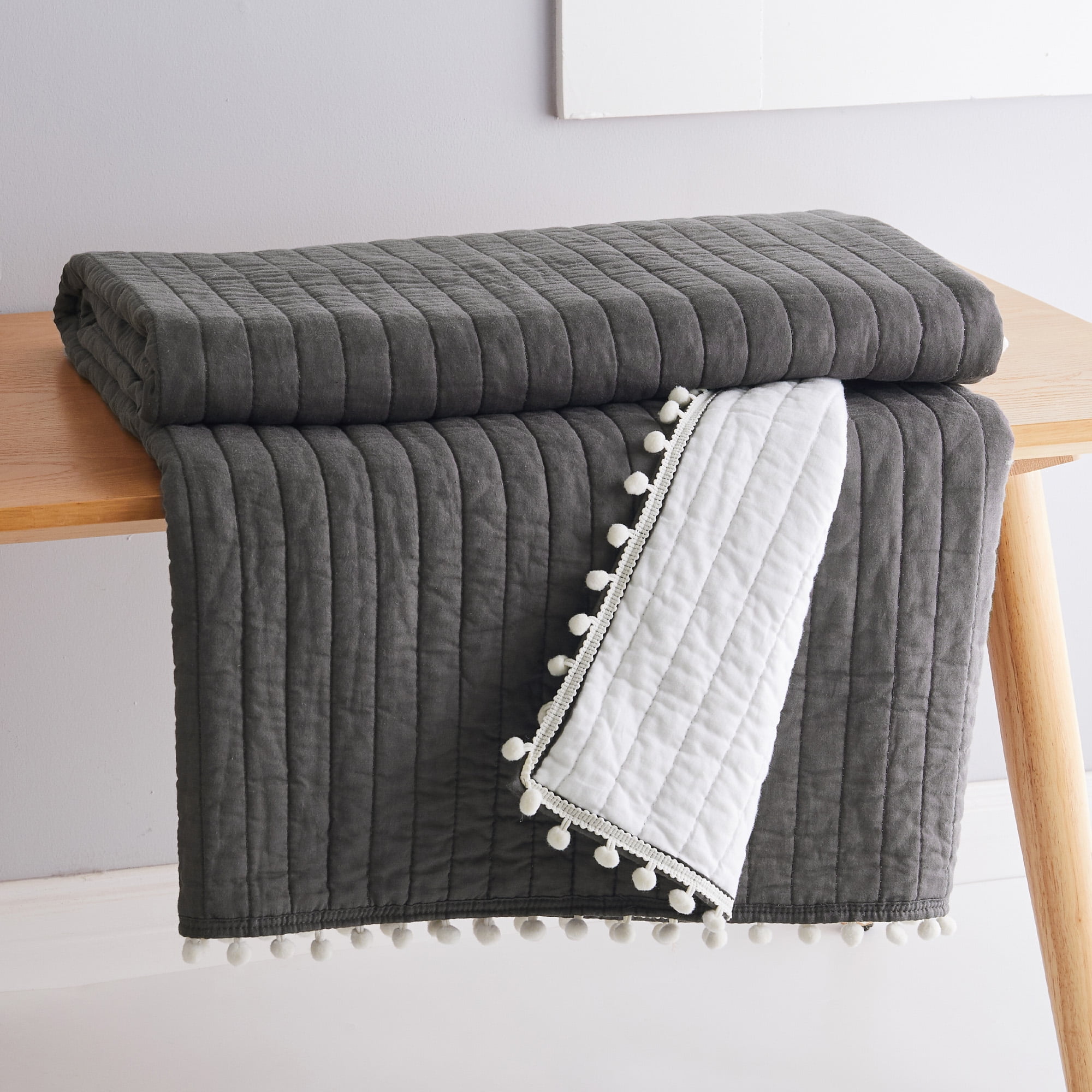 Levtex Home - Pom Pom Slate - Throw - Slate with Decorative White Pom Pom Edge - Quilt (50x60in.) and Sham 50x60in. - Cotton/Cotton