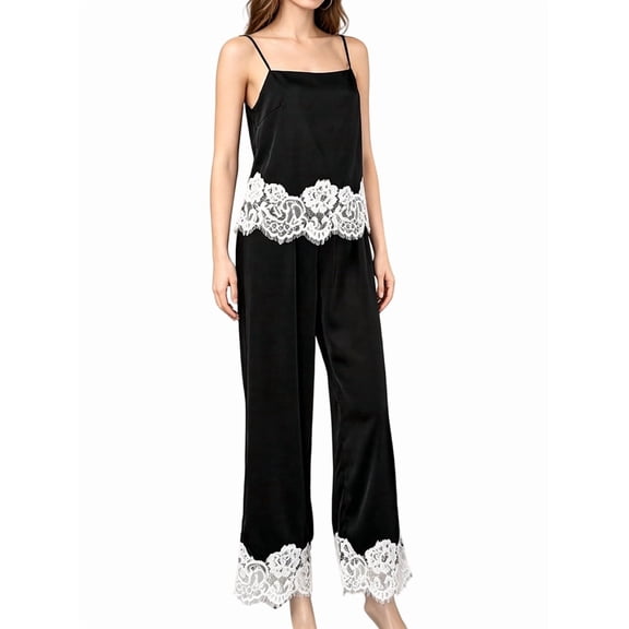 Women 2 Piece Lace Trim Top and Wide Leg Pants Set Casual Summer Lounge Outfit Black S