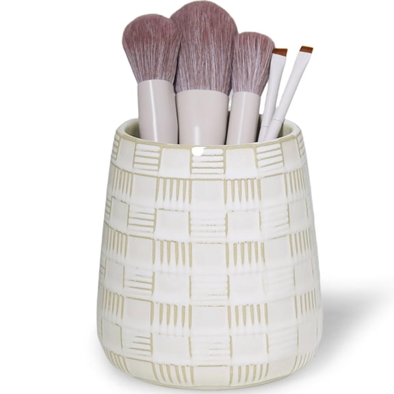 12 Oz Ceramic Makeup Brush Holders, Bathroom Vanity and Countertop, Make up Brushes Cup for Cosmetics, Lipsticks, Bathroom Vanity Desktop Storage (Vintage White)