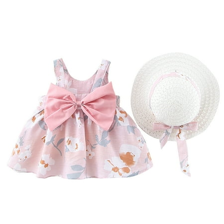 

QWERTYU Newborn Infant Baby Bow Dresses for Girl Floral with Hat Sundress Sleeveless Summer Dress 0-24M