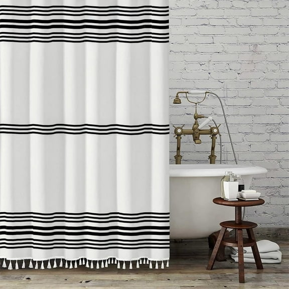 Seasonwood Shower Curtain Striped with Tassel Modern Bathroom Curtains, Fabric Black and White Waterproof, 12 pcs Hooks,72x72 inch