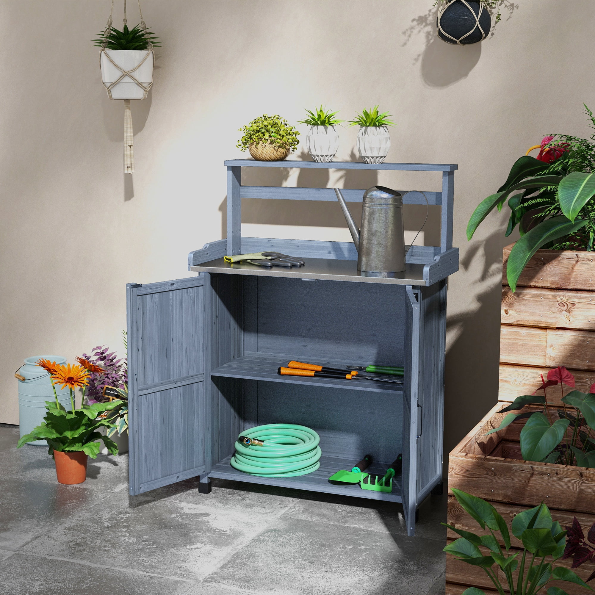 Potting Bench, Outdoor Wooden Potting Table with Storage Cabinet with 2 Shelves, Garden Work Bench with Galvanized Plated Tabletop for Backyard, Balcony, Gray