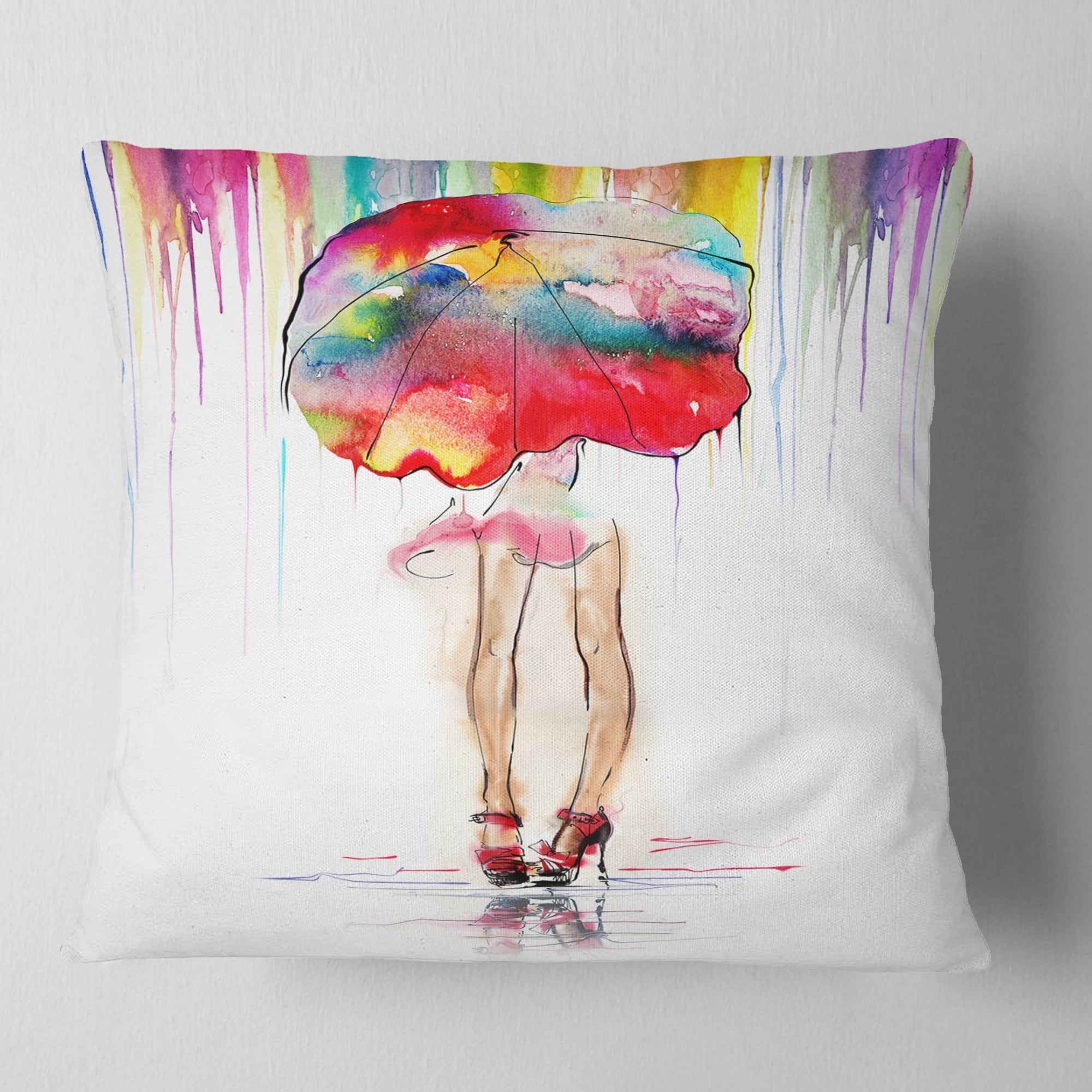 Designart Girl with Red Umbrella - Digital Art Portrait Throw Pillow - 16x16