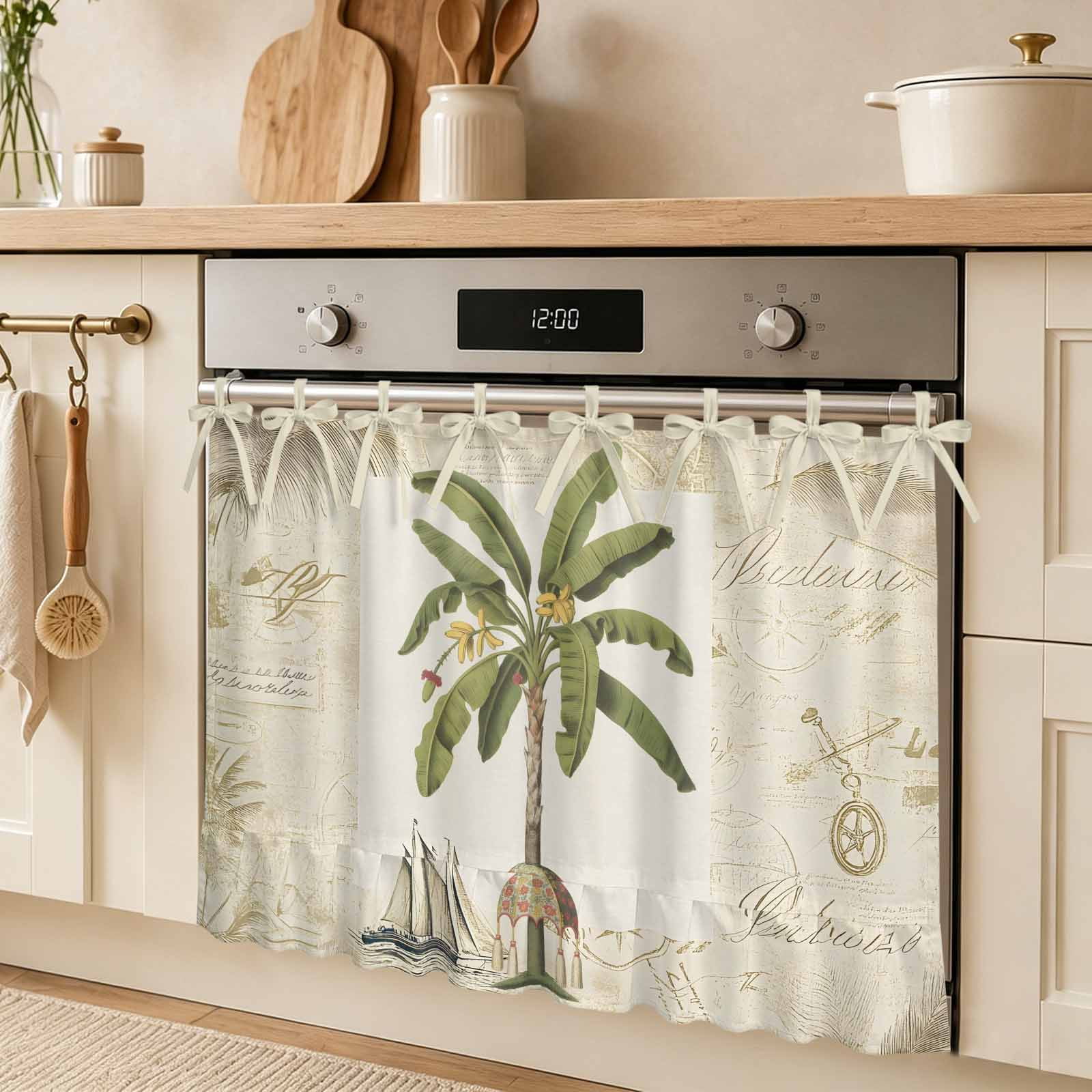 Tropical Banana Tree Oven Skirt Curtain Vintage Summer Coastal Banana Tree Tie Top Tier Curtains Stove Dishwasher Skirt Small Window Drapes for Kitchen Bathroom Cafe 27 x20