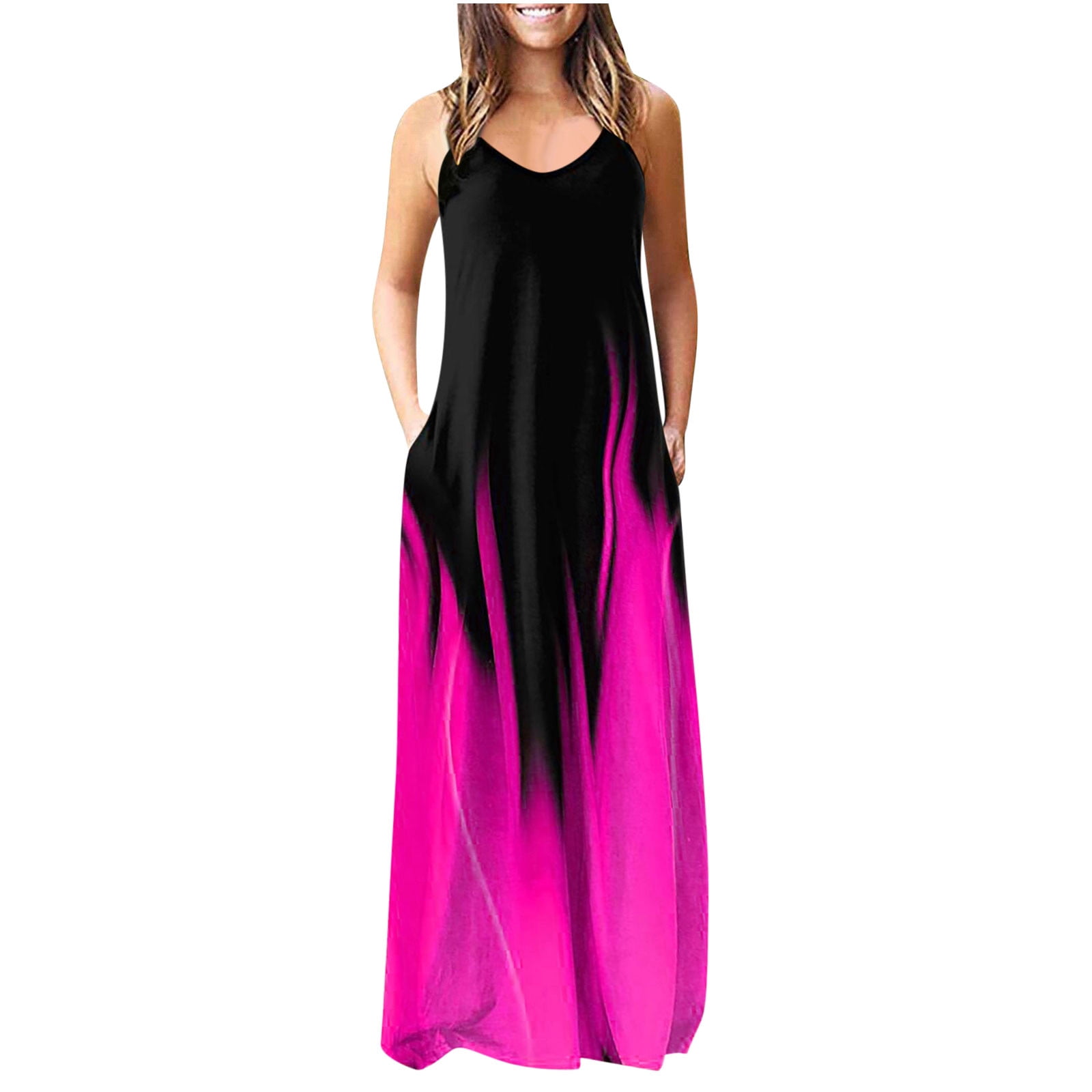 Women Maxi Dress Plus Size Rainbow Sleeveless V Neck Loose Long Dress with Pocket 