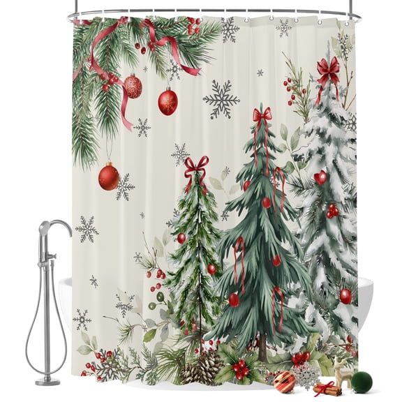 Green Pine Trees Shower Curtain, Cottagecore Christmas Tree Snowflake Ribbon Waterproof Washable Fabric Bathroom Shower Curtain with 12 Hooks, 36" x 78"