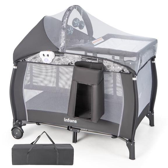 INFANS 4 in 1 Pack and Play, Portable Travel Baby Playard with Bassinet, Changing Table, Canopy, Mosquito Net, Hanging Toys, Music Box, Storage Bag, Large Playpen from Newborn to Toddlers