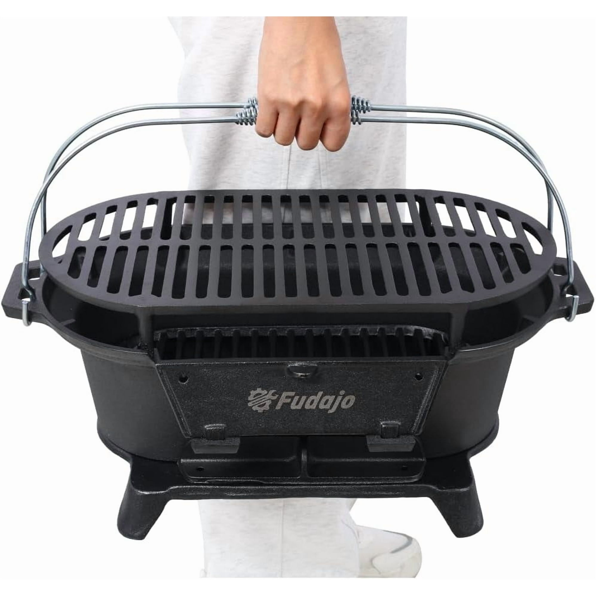 Cast Iron Hibachi Grill – Portable Charcoal BBQ for Outdoor Cooking, Durable Tabletop Skillet, Compact Camping Charcoal Cooker for Tailgating, Picnics & Hunting (Oval)