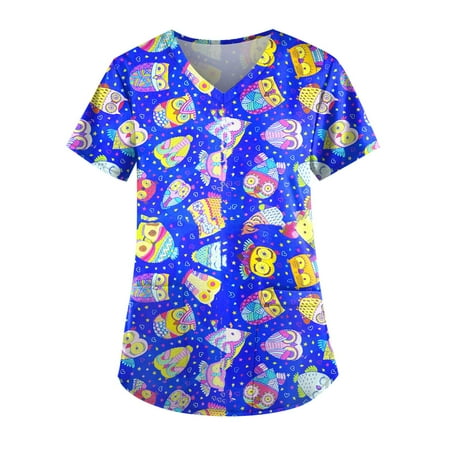 

DNDKILG Women s V Neck Easter Uniform Working Holiday Nursing Scrubs Short Sleeve Scrubs Top Professionals Casual T Shirt L