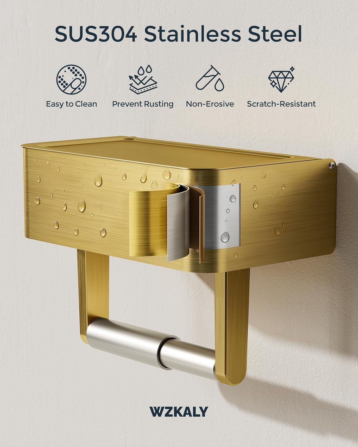 EP Toilet Paper Holder with Shelf, Wipes Holder for Bathroom, Flushable Wipes Dispenser, Stainless Steel Toilet Paper Roll Holder with Storage for Wet Wipes Wall Mounted (Gold, Regular Roll)
