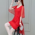 thumbnail image 4 of Ploknplq Robe d'Été Élégante pour Femmes Col en V Manches Courtes Couleur Unie Robe de Soirée Rouge L, 4 of 7