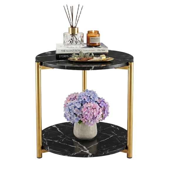 PinkSheep Round Side Table, 2 Tier Small End Table Accent Table Tray Table with Storage for Living Room Bedroom Small Spaces, Black Marble Print