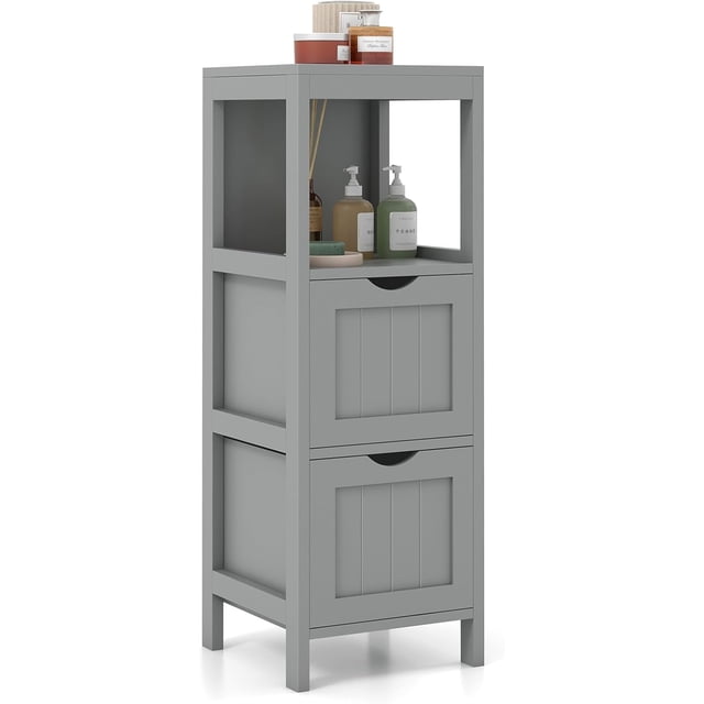 linjha bathroom floor cabinet, multifunctional floor storage cabinet with 2 removable drawers, modern bathroom cabinet with anti-toppling strap, 12 x 12 x 35 inches (grey) Vista frontal de un gabinete de piso gris en MDF, perfil delgado con dos cajones extraíbles que se colocan en cualquiera de los tres estantes; frentes con lamas verticales y tiradores semicirculares, estante abierto central con botellas de baño y superficie superior para artículos, patas elevadas y correa antivuelco incluida. Su tamaño compacto lo hace adecuado también para organizar productos de tocador en pasillos o dormitorios.