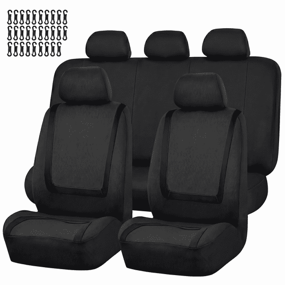 FLORAY Car Seat Covers for Compact Sedans, Polyester 9PCS Full Set, Front and Solid Rear Bench, Airbag Compatible, Black