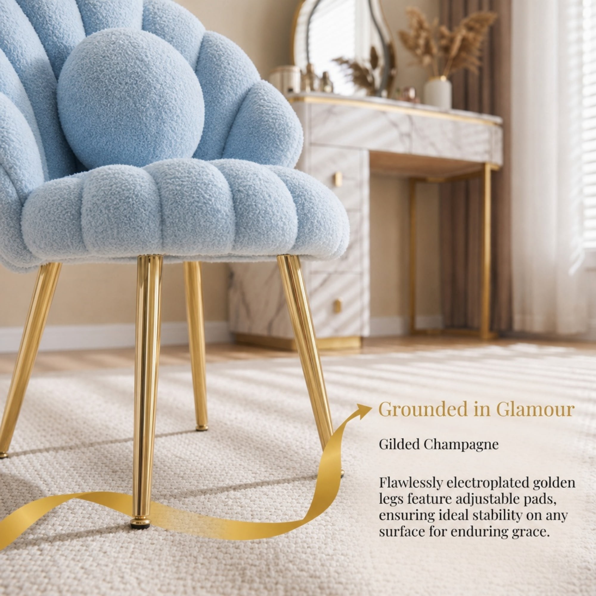 Ktaxon Vanity Makeup Chair with Teddy Velvet, Shell Design Accent Desk Chair with Lumbar Pillow and Gold Legs, Office Seating for Women Blue