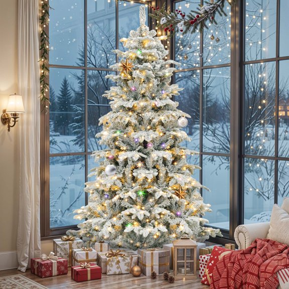 ModFusion 7.5ft Pre-Lit Snow Flocked Christmas Tree Layered Artificial Tree with 1010 PE & PVC Branch Tips and 450 Multi0Mode Lights for Home, Office, and Party Décor, White