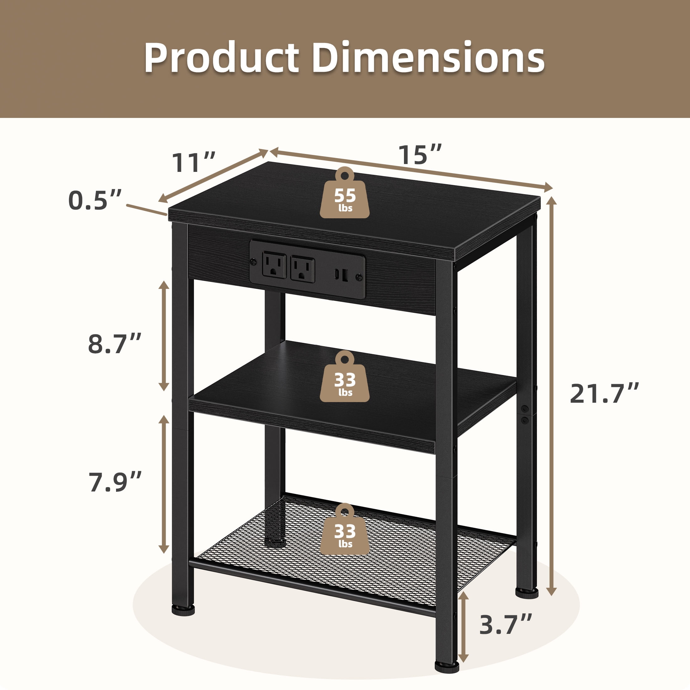 CONCETTA 3 Tier Nightstand with Charging Station, Bedside End Table for Bedroom Living Room, Black